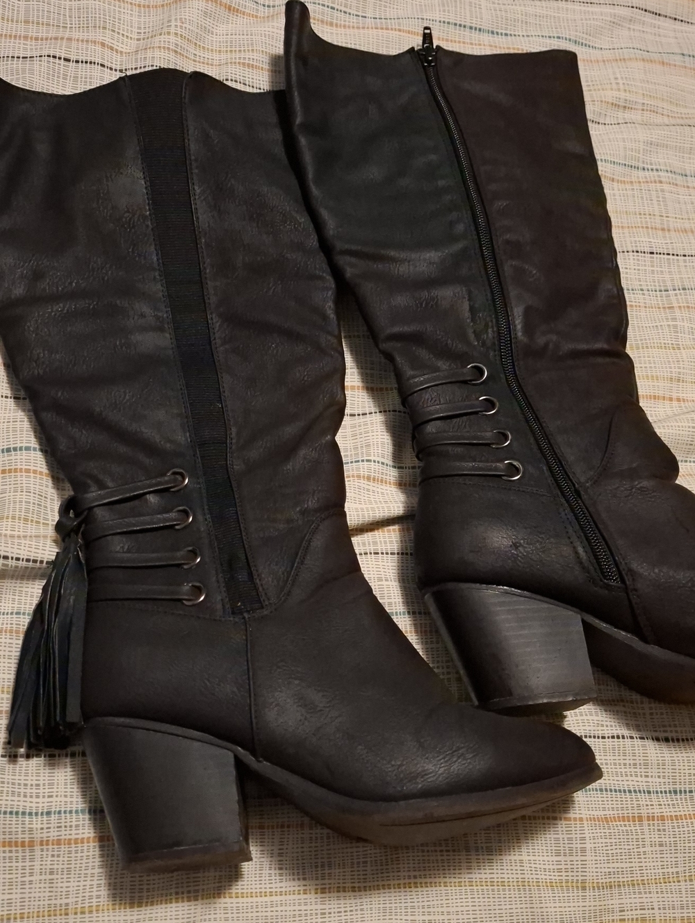 Addition Elle Black Mid-Calf Heeled Boots with Tassel Detail